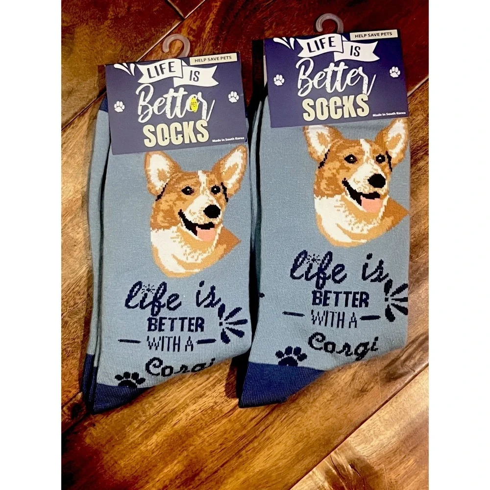 E&S Pets Welsh Corgi Crew Socks NWT One Size Blue Life Is Better With A Corgi